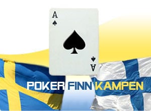 Sveriges och Finlands flagga, spader ess och texten Pokerfinnkampen