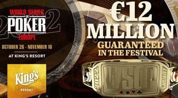 Banner för WSOPE 2022 med info om speldatum, spelplats och den garanterade prispotten på €12 miljoner.