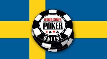 Logga WSOP online med svenska flaggan i bakgrunden.