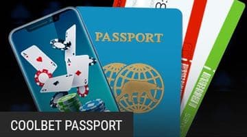 Bild på Coolbet passport, pokerbiljetter och en mobil med poker.
