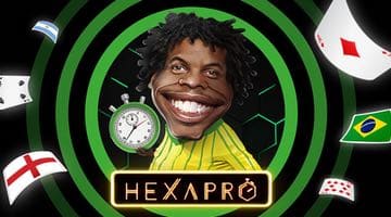 Tecknad bild på fotbolls-spelare, spelkort med flaggor på baksidan och texten Hexapro.