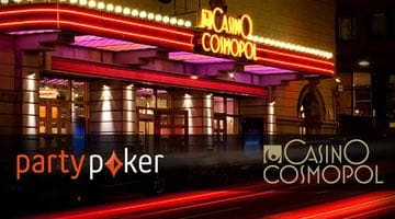 Bild på Casino Cosmopol och loggorna för PartyPoker och Cosmopol.
