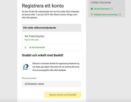 Bild på registreringen hos unibet