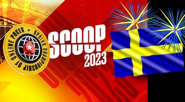 SCOOP-logga, svensk flagga och fyrverkerier