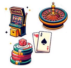 Bild på olika casinospel, slots, roulette, tärningsspel, kortspel