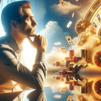 En man sitter vid ett bord och stöder hakan i handen och funderar över casinobranschen i framtiden. I bakgrunden syns roulettehjul, spelkort och casinomarker