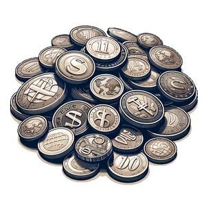 En hög med mynt i olika valutor