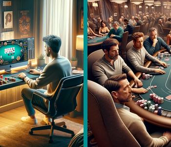 Bildet illustrerer mennesker som spiller live-poker og en person som spiller nettpoker. Den ene halvdelen av bildet viser en mann som sitter foran en datamaskin og spiller poker. Den andre halvdelen av bildet viser spillere som sitter ved et pokerbord på et kasino.
