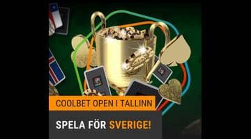 Reklambanner för Coolbet Open i Tallinn. Bild på spelkort och guldfärgade kortsymboler och pokerchips.