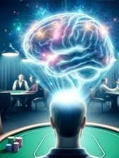 Bild på en pokerspelare vid ett pokerbord. Ovanför spelaren lyser en hjärna som ska symbolisera den mentala utmaningen som spelaren ställs för i turneringen.