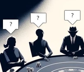 Tre spelare vid ett pokerbord som spelar en pokerturnering med mystery bounty. Ovanför spelarnas huvud visas en skylt med ett frågetecken för att visa att bountypriserna är hemliga.