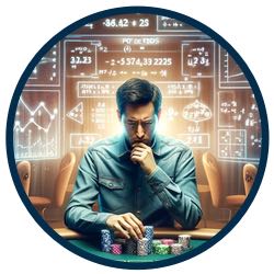 Bilden visar en pokerspelare som sitter och funderar. I bakgrunden syns en vägg med matematiska beräkningar som symboliserar att spelaren räknar ut pottoddset i spelomgången.