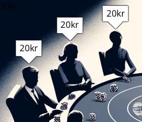 Bild på tre anonyma pokerspelare vid ett pokerbord med bounty-priser på sina huvuden. Ovanför varje spelares huvud finns en skylt som anger hur högt deras bounty-pris är. Alla spelare har ett bounty-pris värt 20 kr.