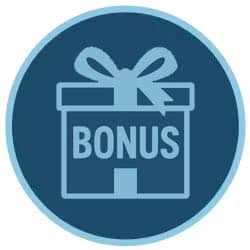 Rund bild med ett tecknat paket med rosett i mitten. På paketet står det bonus. Bilden ska symbolisera en gåva med en bonus för live spelare