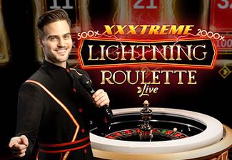 Omslagsbild till live spelet XXXtreme Lightning Roulette. I bilden syns spelets logga, ett roulettehjul och en manlig live dealer