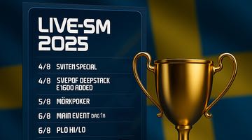 Bild som visar delar av schemat för live-SM 2025. I bakgrunden syns en suddig svensk flagga och bredvid schemat står en pokal i guld.