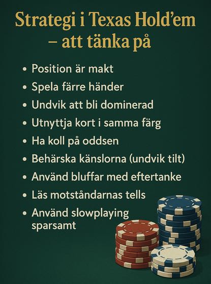 Lista med saker att tänka på gällande strategi i Texas Hold'em: 

- Position är makt
- Spela färre händer
- Undvik att bli dominerad
- Utnyttja kort i samma färg
- Ha koll på oddsen
- Behärska känslorna (undvik tilt)
- Använd bluffar med eftertanke
- Läs motståndarnas tells
- Använd slowplaying sparsamt