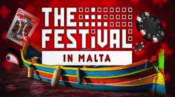 Färgstark bild med loggan för The Festival in Malta 2025. I bilden syns även en traditionell maltesisk båt, spelkort, marker mot en röd bakgrund.