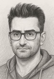 Blyertsteckning föreställande Antonio Esfandiari med glasögon.