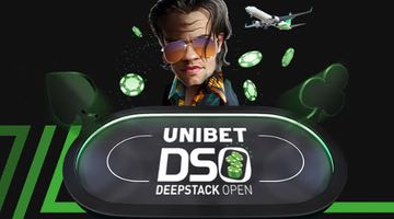 Reklambild för unibet Deepstack Open. En spelare sitter vid ett spelbord med loggan för unibet deepstack open. Runt spelaren flyger pokermarker och i bakgrunden syns ett flygplan.
