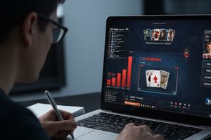 En man sitter vid datorn och analyserar tells online i poker. I handen har han en penna och på skärmen syns stapeldiagram, spelhänder och avatarer.