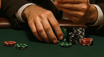 Närbild på händerna på en pokerspelare som sitter vid ett pokerbord. På bordet ligger pokermarker.