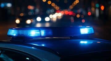 Blåljus på taket på en polisbil som lyser i natten. Polisbilen befinner sig i stadsmiljö där man ser skenet från gatlampor och ljusen från andra bilar.