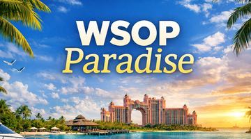 Tropisk strandmiljö på Bahamas i solnedgång, palmer och hav i förgrunden samt texten "WSOP Paradise" som symboliserar pokerturneringen WSOP Paradise 2025.