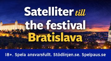Informationsbild med texten "Satelliter till The Festival Bratislava", med Bratislavas stadsvy i bakgrunden samt ansvarstexten "18+. Spela ansvarsfullt. Stödlinjen.se. Spelpaus.se"