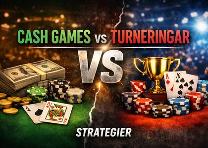 Illustration som jämför cash games och turneringar i poker. I bilden syns marker, spelkort och pokerpokal – fokus på strategier och skillnader mellan speltyper.