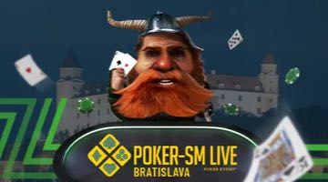 Reklambild för Poker-SM Live hos Unibet där. man ser en tecknad viking, spelkort och pokermarker framför ett slott. I bilden syns också SM-loggan.