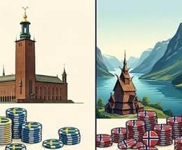 Illustration som jämför Sverige och Norge med landmärken, spelmarker och pokerchips som symboliserar skillnader i spelmarknad och reglering mellan länderna.