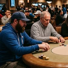 Bild på två pokerspelare som sitter vid ett pokerbord och spelar H.O.R.S.E. I bakgrunden syns andra spelare och människor.