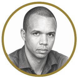 Blyertsteckning av Phil Ivey med rund ram i guld