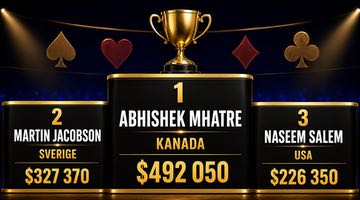 Prispall med topp tre i Event #56 där Abhishek Mhatre står som vinnare före Martin Jacobson och Naseem Salem.
