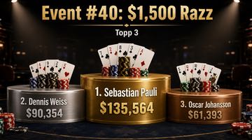 Prispall för WSOP Event #40 $1,500 Razz med Sebastian Pauli som vinnare, Dennis Weiss på andra plats och Oscar Johansson på tredje plats.