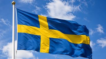 Bild på en svensk flagga som vajar i vinden.
