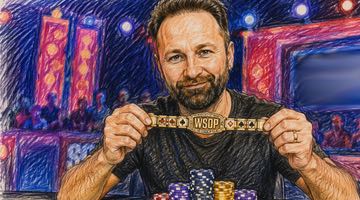Teckning av Daniel Negreanu som håller i ett WSOP-armband.