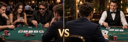 Pokerspillere rundt et bord sammenlignet med casinopoker mot dealer.