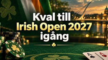 Grafik med texten "Kval till Irish Open 2027 igång", pokerchips, spelkort och irländska motiv i gröna och guldfärgade toner.