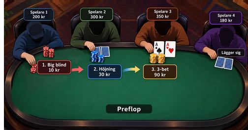Illustration av ett pokerbord som visar hur en 3-bet fungerar före floppen. Den stora mörken är 10 kronor, spelare 2 höjer till 30 kronor och spelare 3 sitter med ess och gör en 3-bet till 90 kronor.