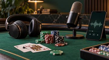 Hörlurar, mikrofon, mobiltelefon och pokermarker på ett grönt pokerbord, som illustrerar pokerpoddar och lärande om poker.